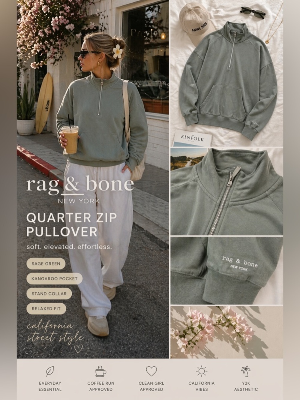 Rag & Bone Sage Green Quarter Zip Pullover Sweatshirt Minimal Luxe